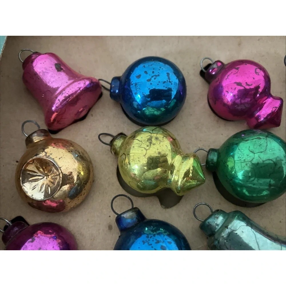 Set Lot 39 Vtg Shiny Brite Mini Mercury Glass Christmas Tree Ornaments Baubles